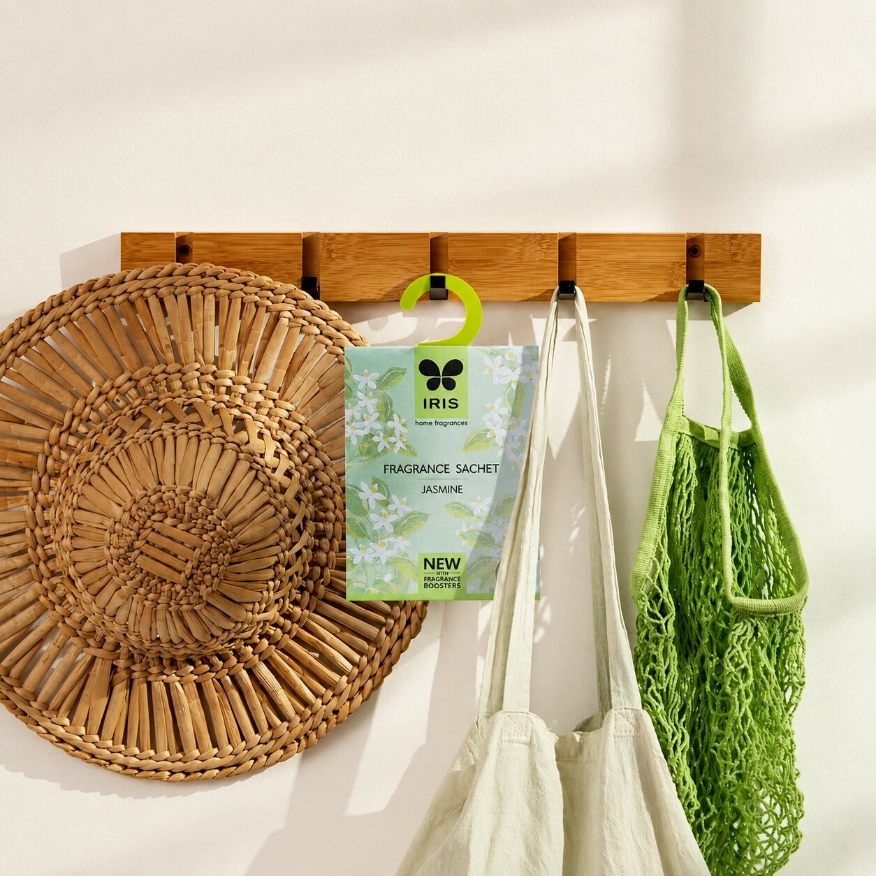 Jasmine fragrance pouch hanging on a wall hook
