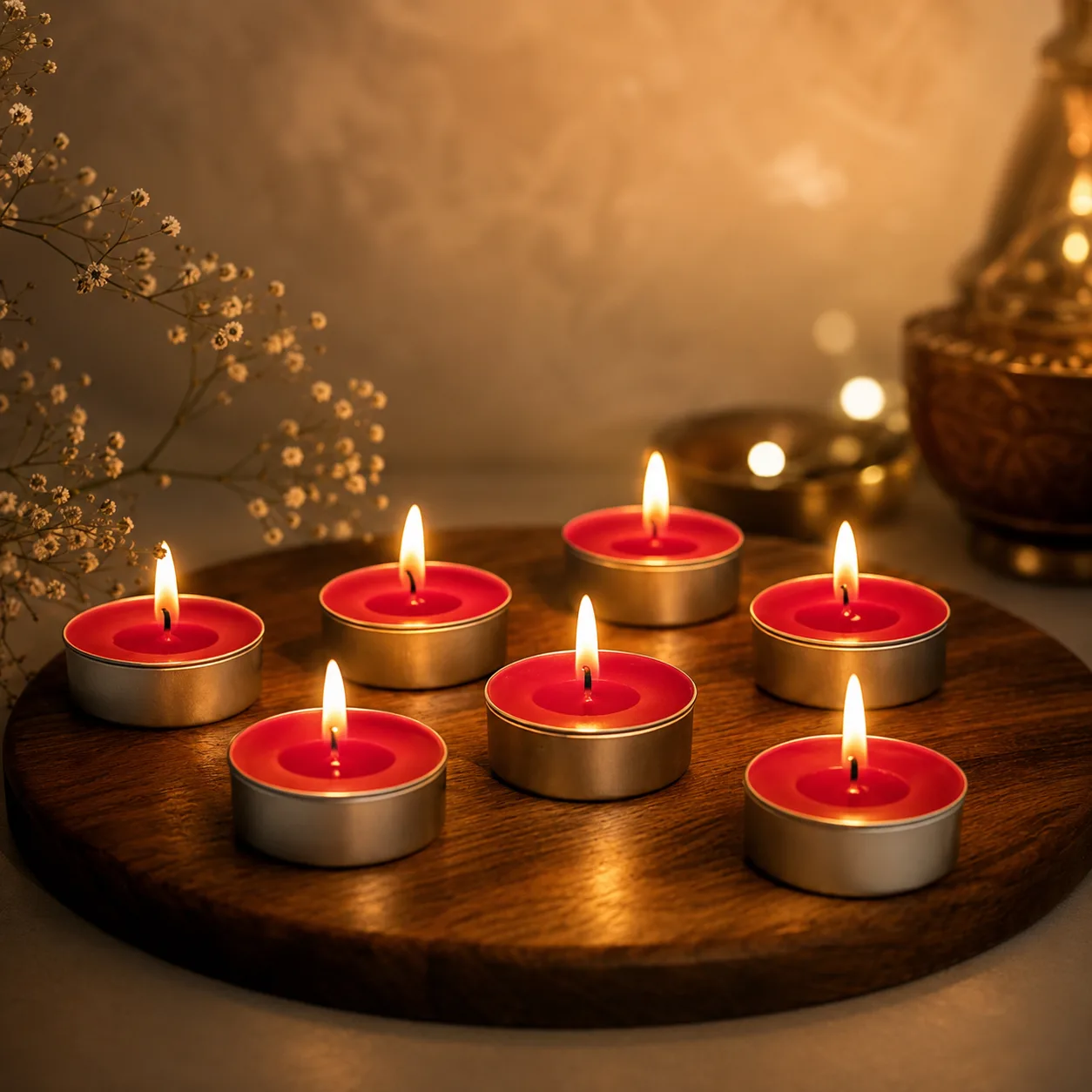 Lit red tealight candles arranged on a wooden board